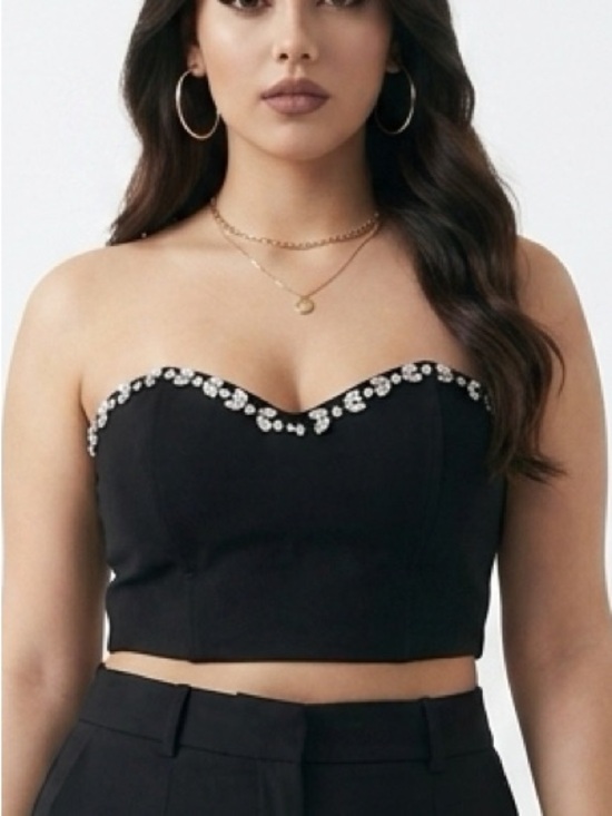 Forever 21 Tops - Forever 21 + strapless corset top black with rhinestone accents. Padded cups OX